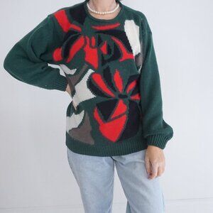 Vintage Malina Wong Green Red Knit Floral 27% Wool 15% Angora Sweater 36 M